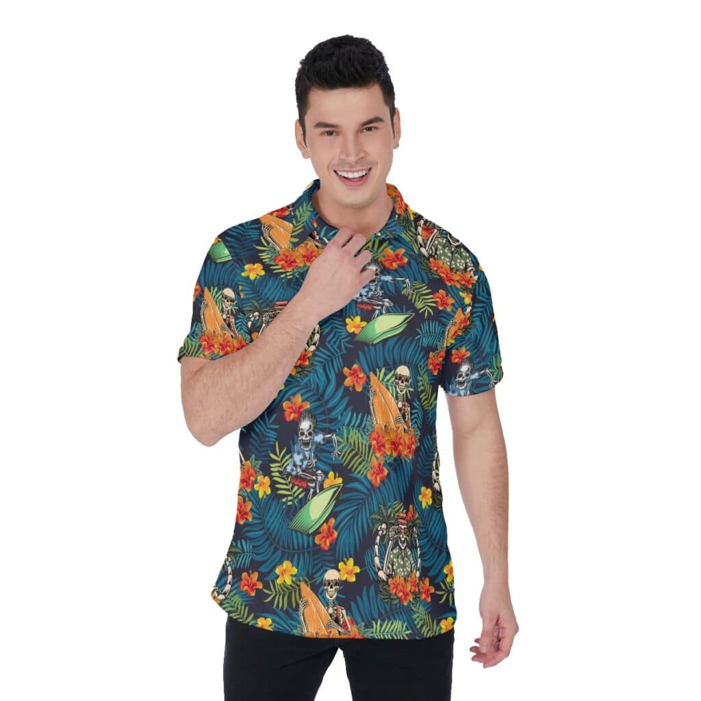 Tropical Skeleton Surfing Hawaiian Polo Shirt For Men