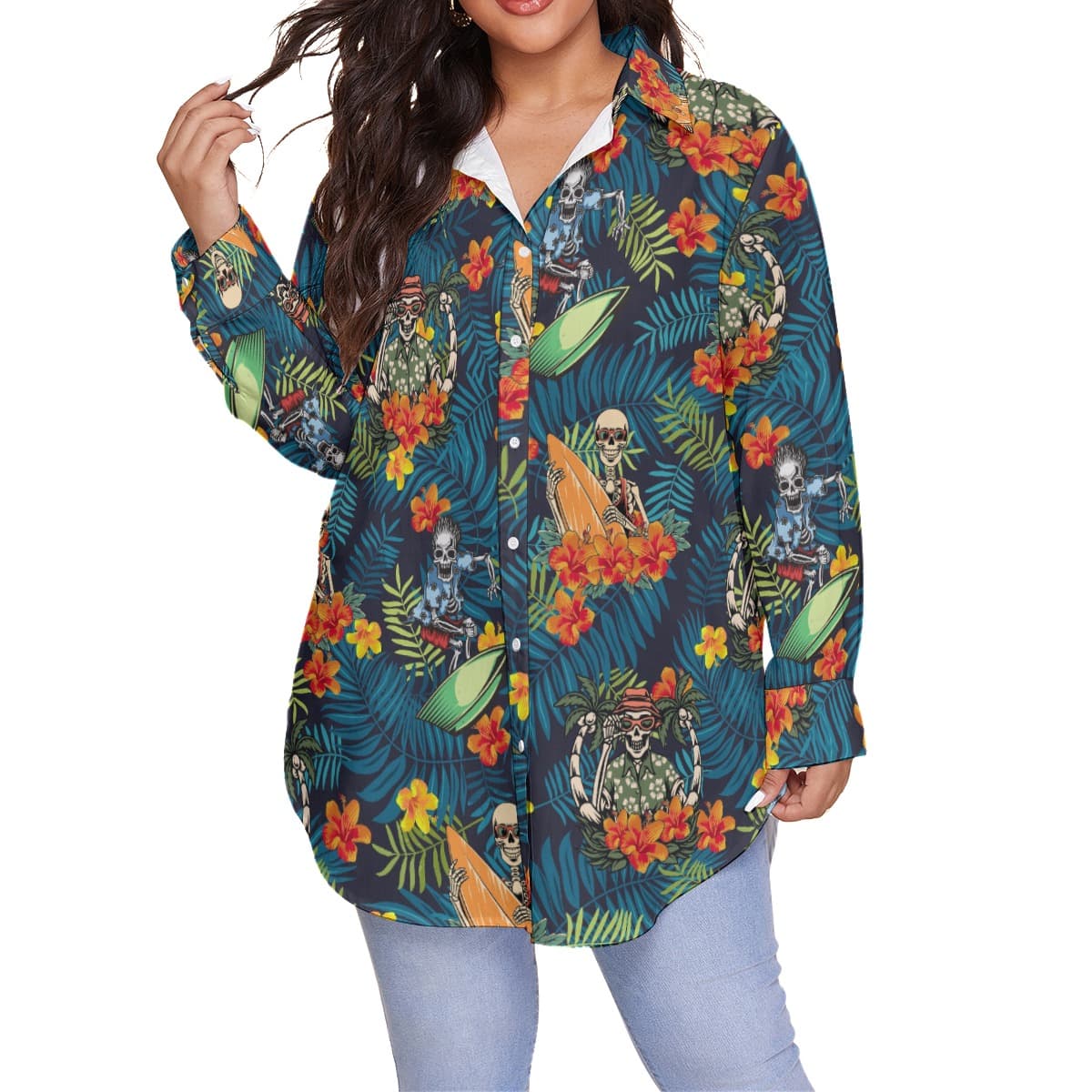 Tropical Surfing Skeleton Hawaiian Plus Size Shirt For Women (4)