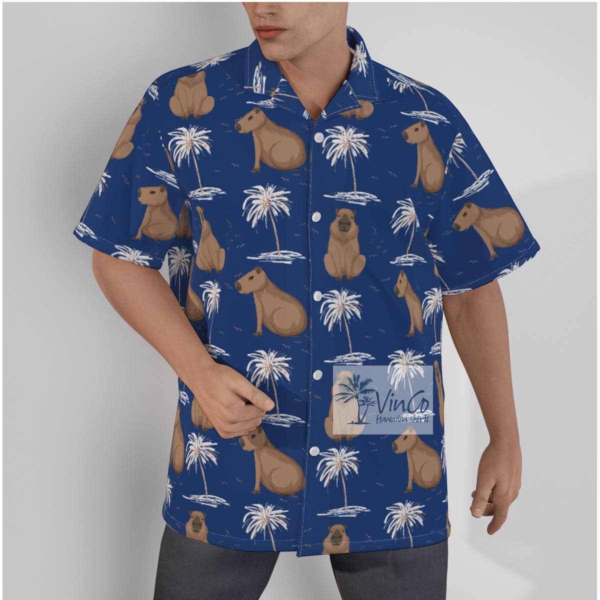 Unique Capybara Pattern Hawaiian Button Up Shirt For Men (2)