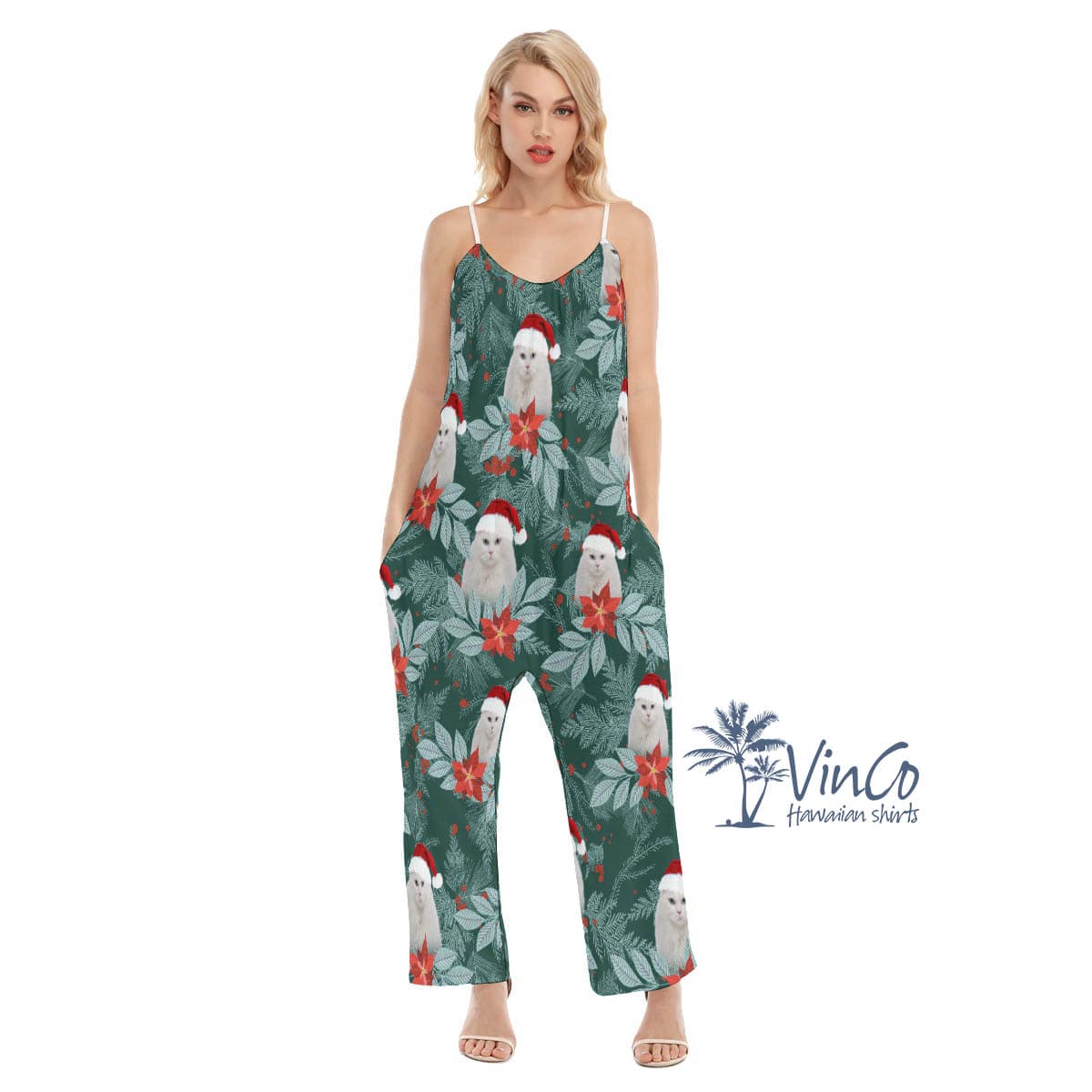 Unique Custom Photo Cat Face Christmas Jumpsuit For Women (4)
