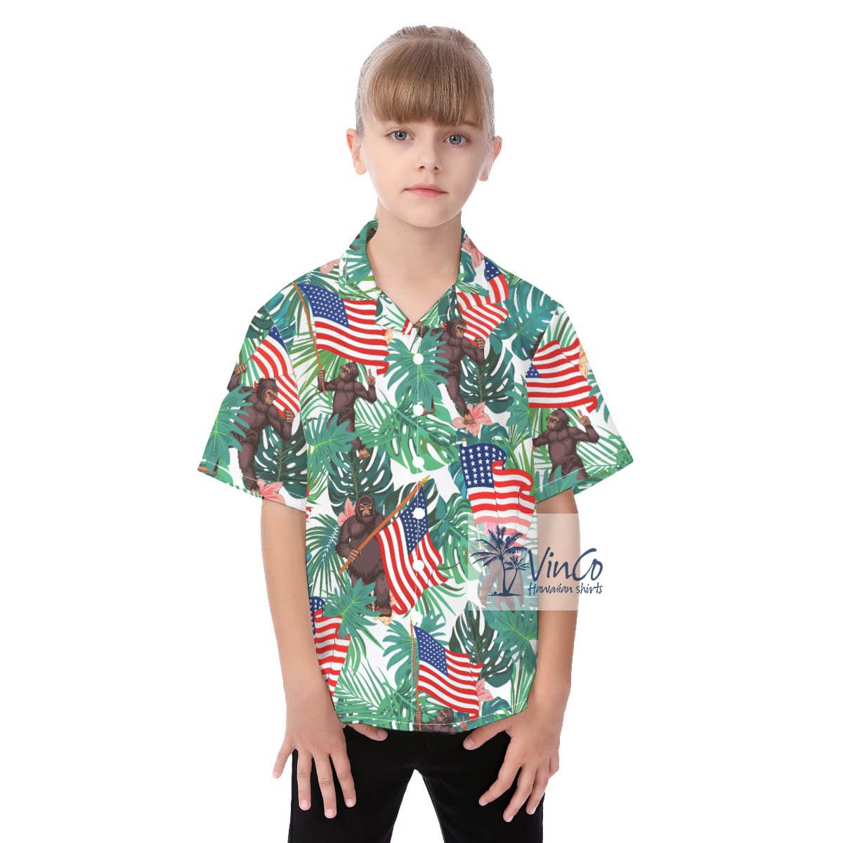 Unique Sasquatch American Flag Hawaiian Button Up Shirt For Kids (2)