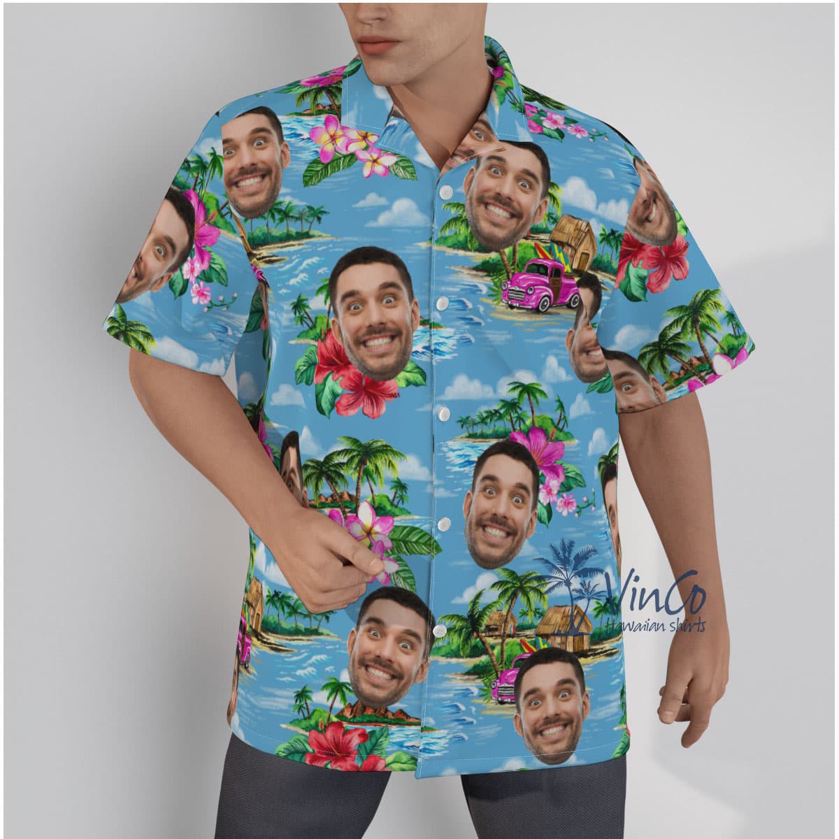 Vintage Beach Blue Custom Face Men's Hawaiian Shirt (1)