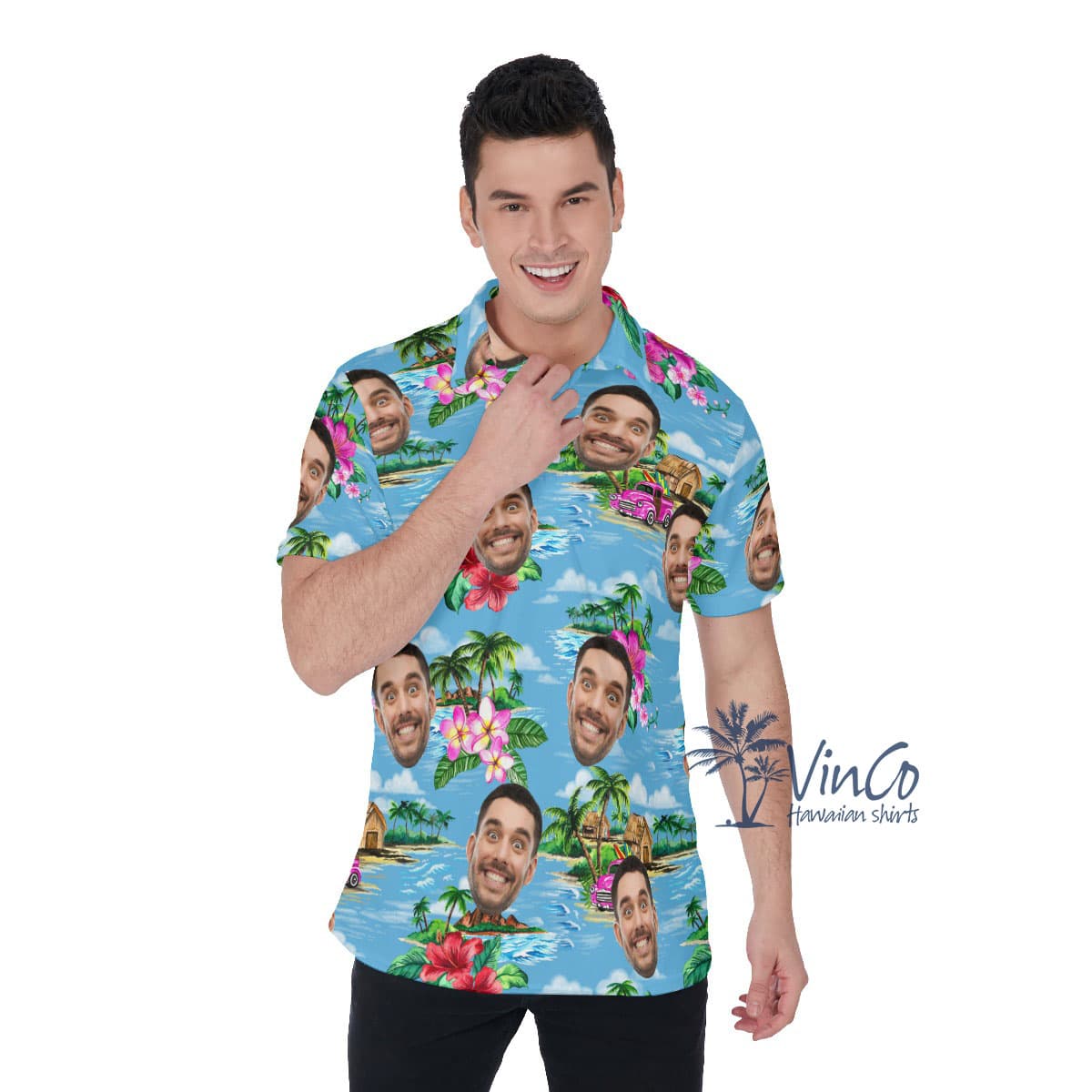 Vintage Beach Blue Custom Face Men's Polo Shirt (3)