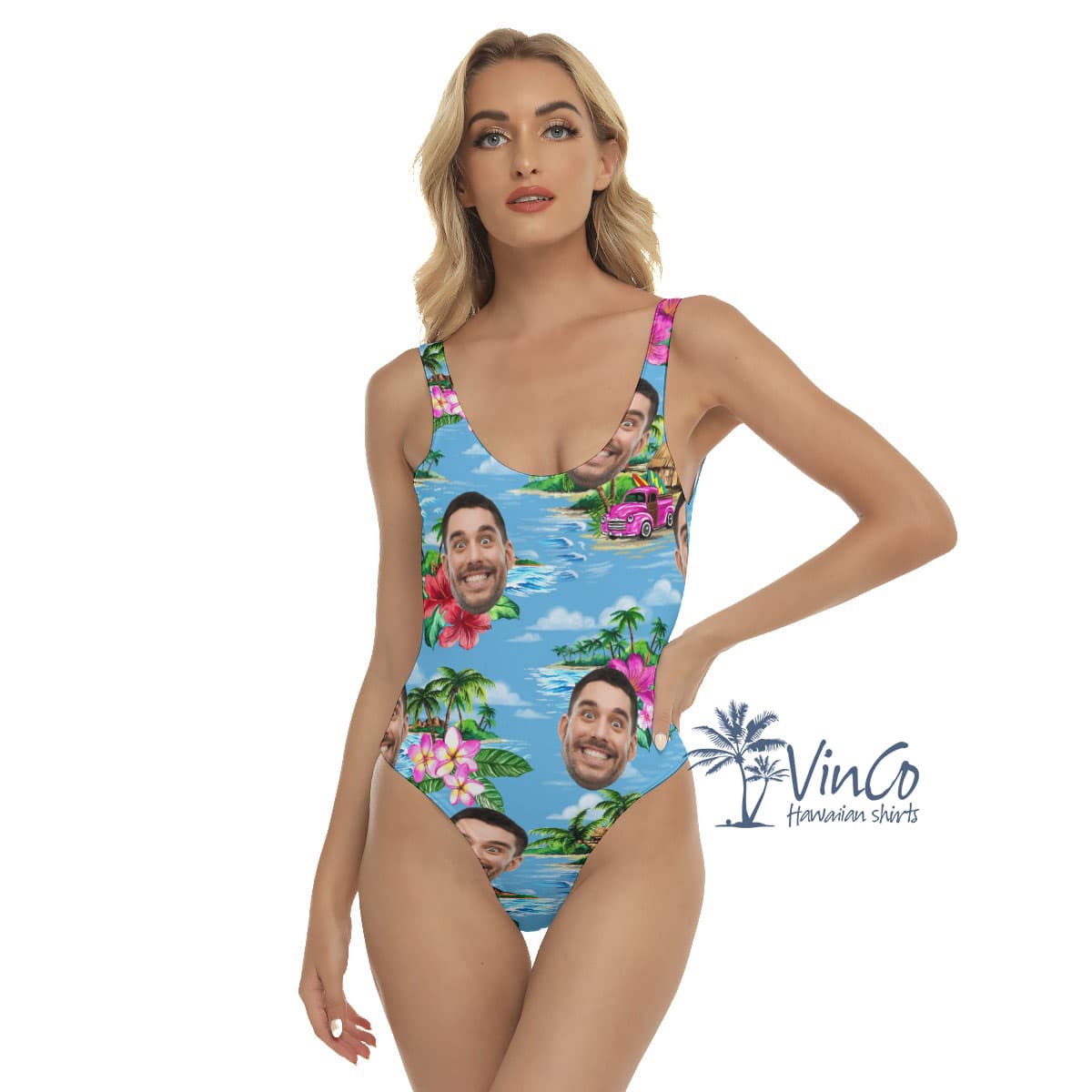 Vintage Beach Blue Custom One Piece Swimsuit With Face (1)