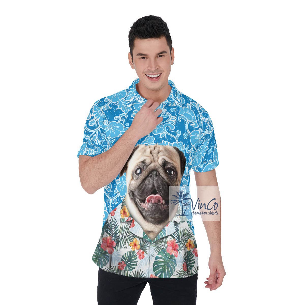 Vintage Blue Hawaiian Polo Shirt With Custom Dog Face (3)