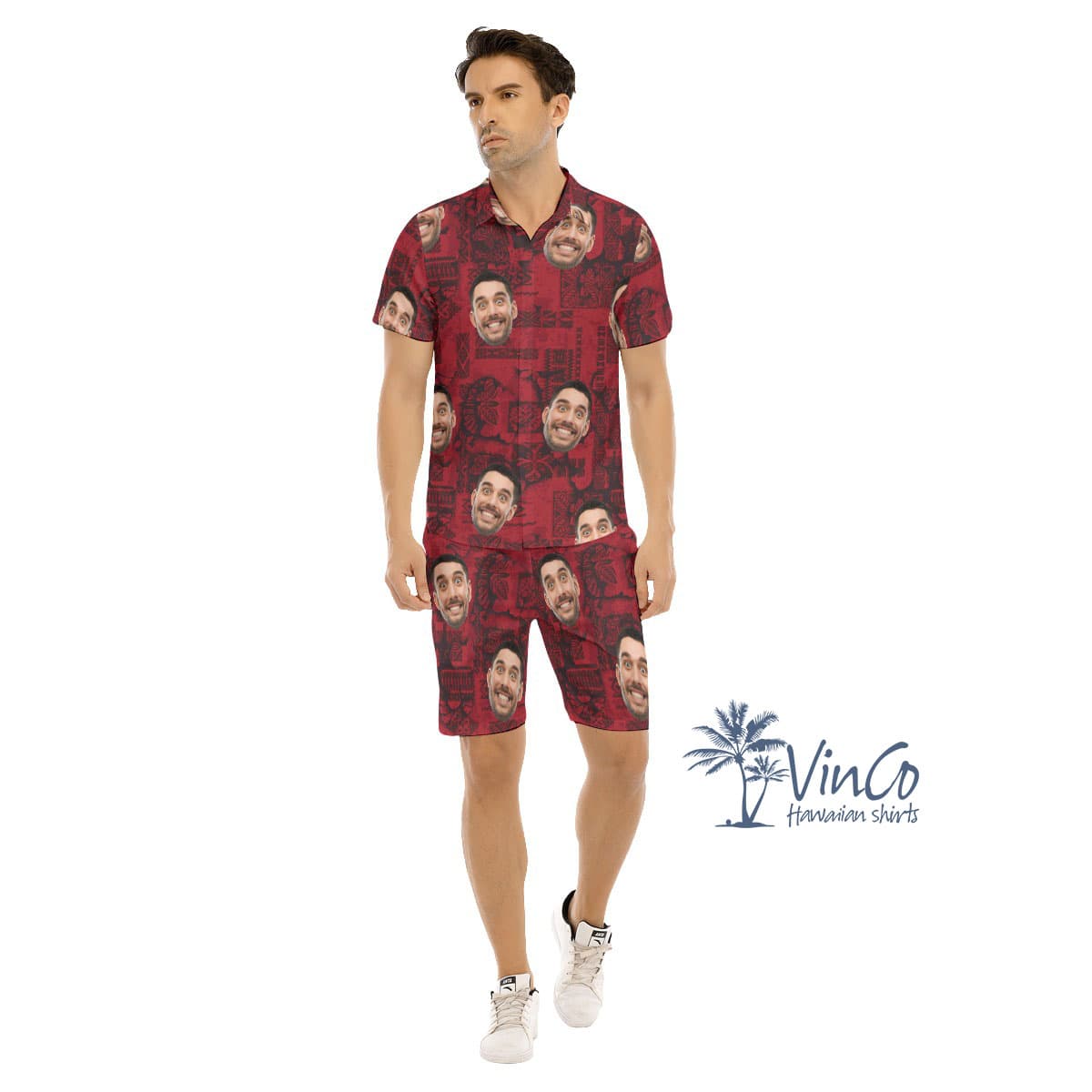 Vintage Custom Face Red Hawaiian Shirt And Shorts For Men (3)