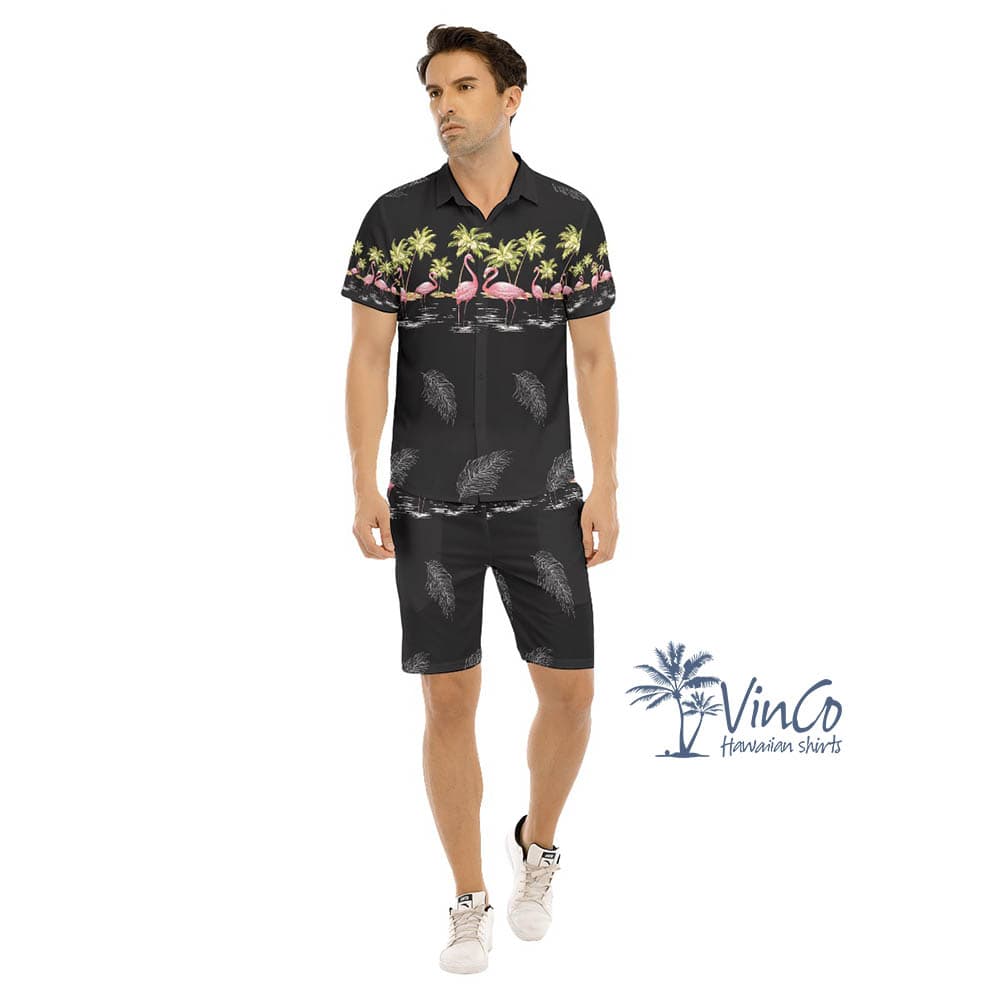 Vintage Flamingo Hawaiian Shirt Shorts Set For Men (1)