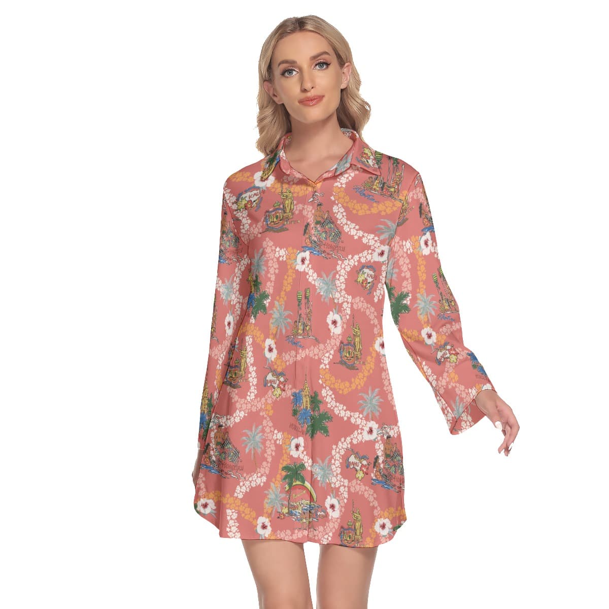 Vintage Island Landscape Pink Hawaiian Shirt Dress