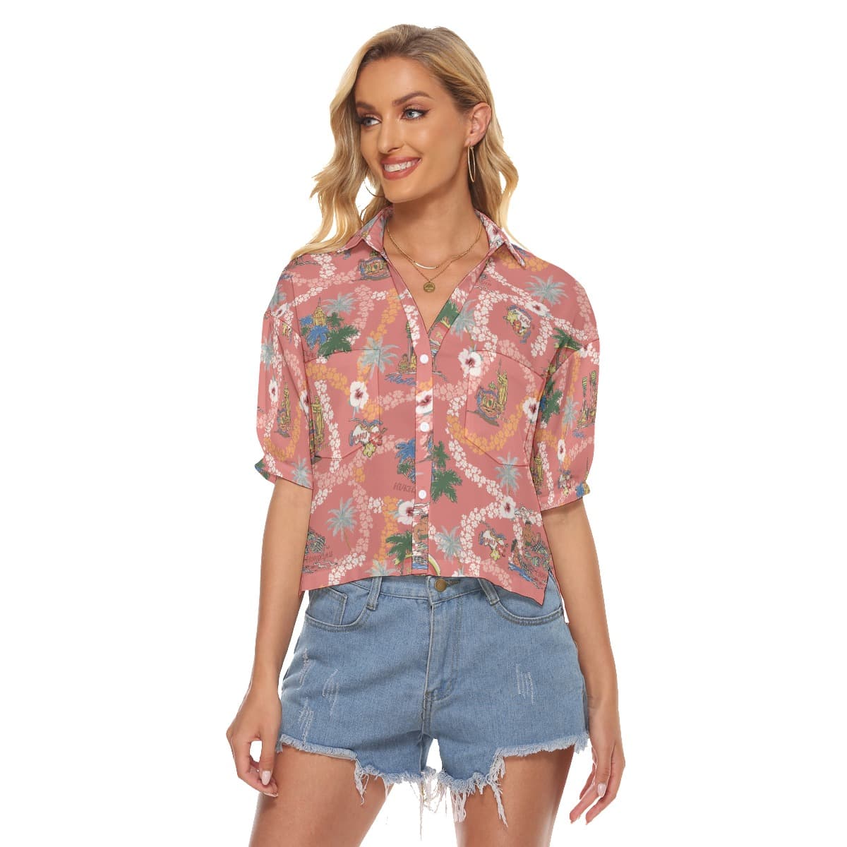 Vintage Landscape Floral Aloha Crop Top Shirt For Women