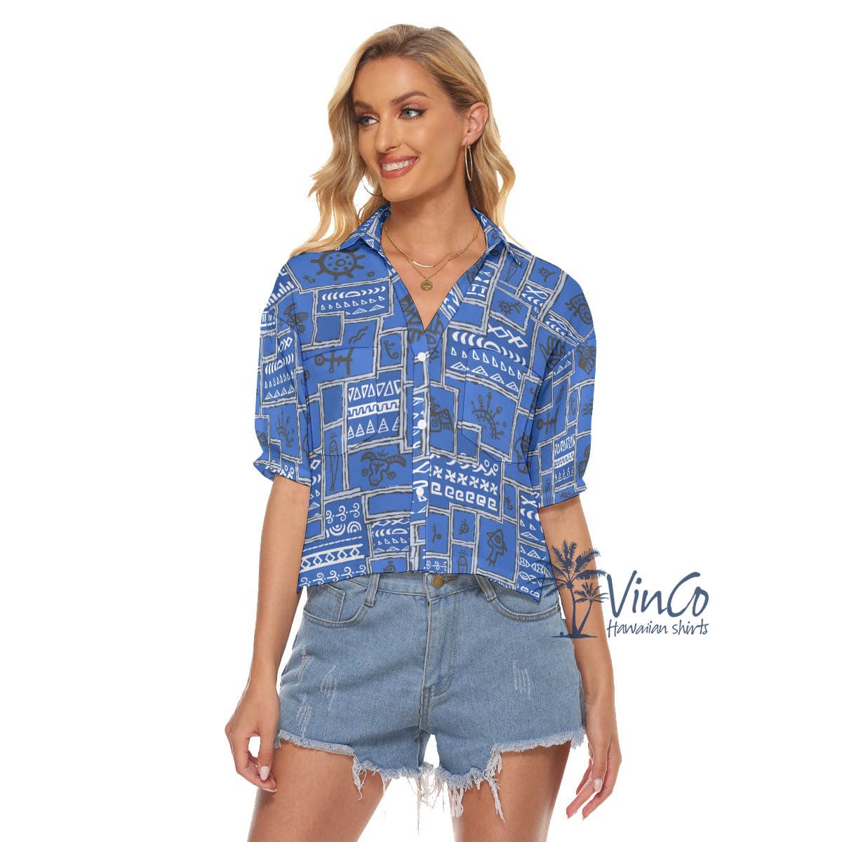Vintage Navy Aloha Crop Top Shirt With Ethnic Patterns For Women