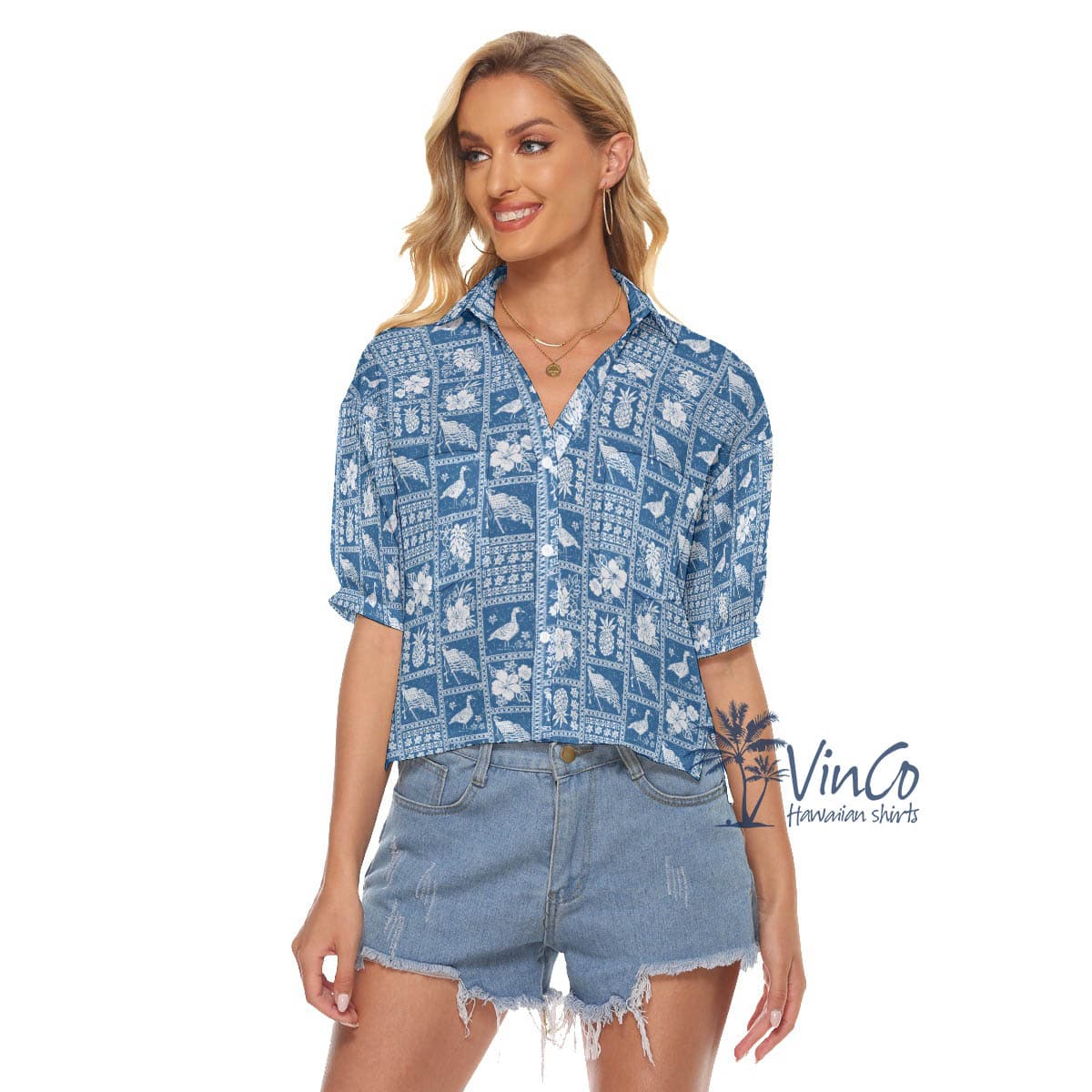 Vintage Nene American Flag Hawaiian Cropped Shirt For Women