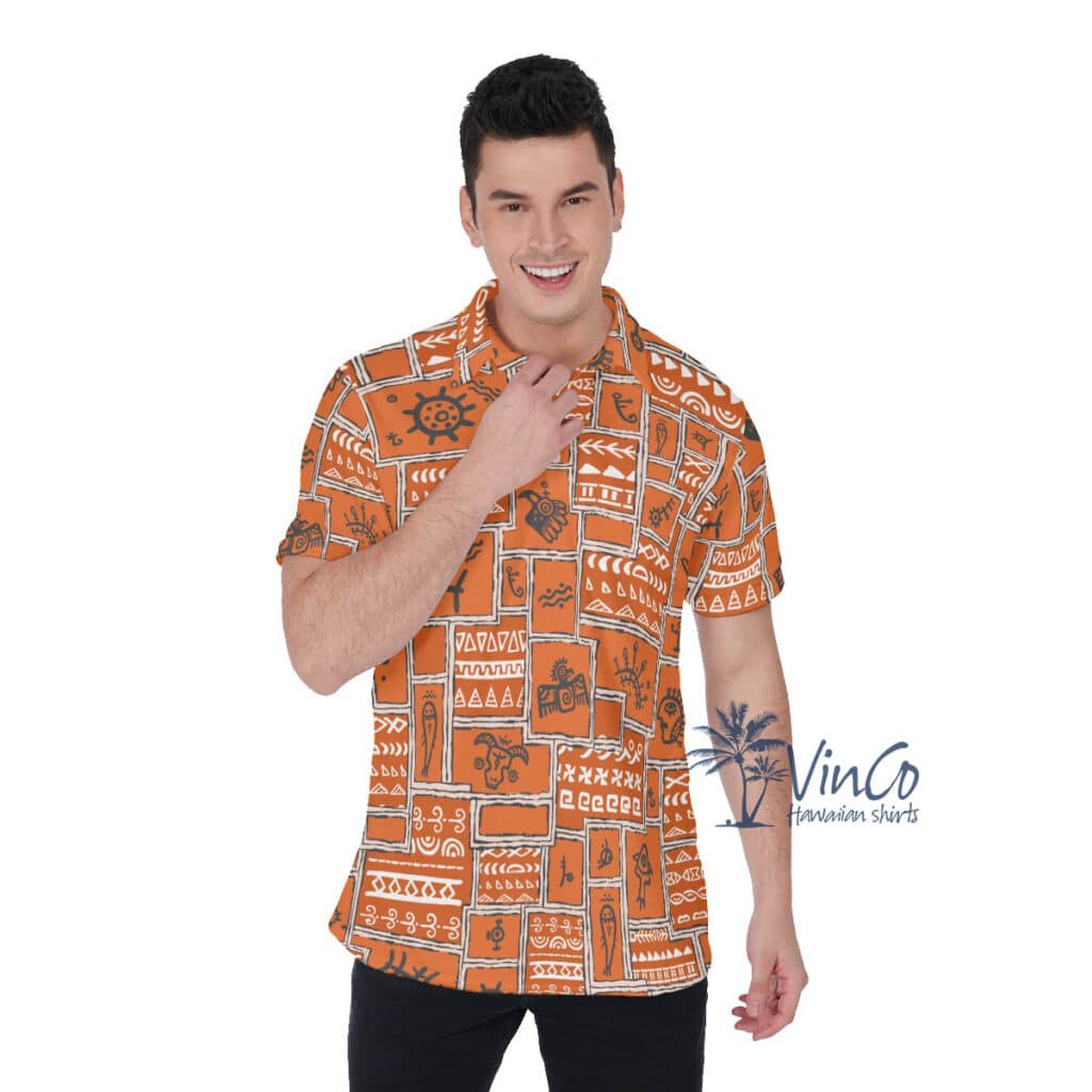 Vintage Orange Ethnic Style Hawaiian Polo Shirt For Men