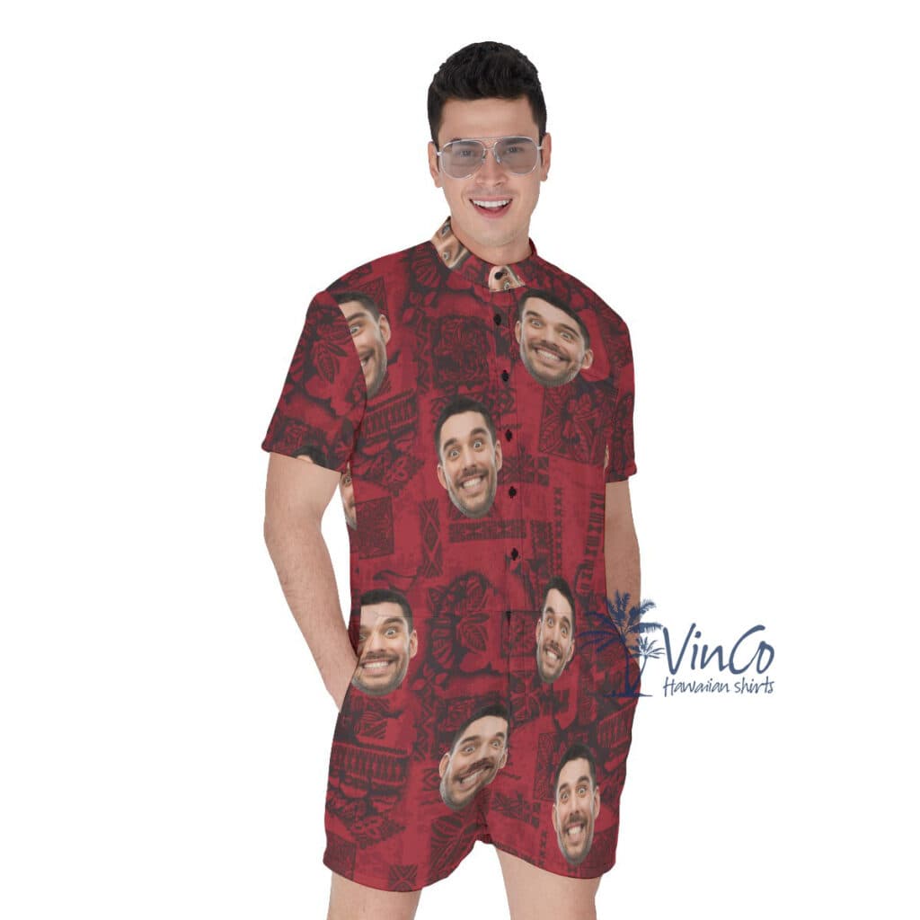Vintage Red Custom Hawaiian Men's Romper With Multiple Faces (1)