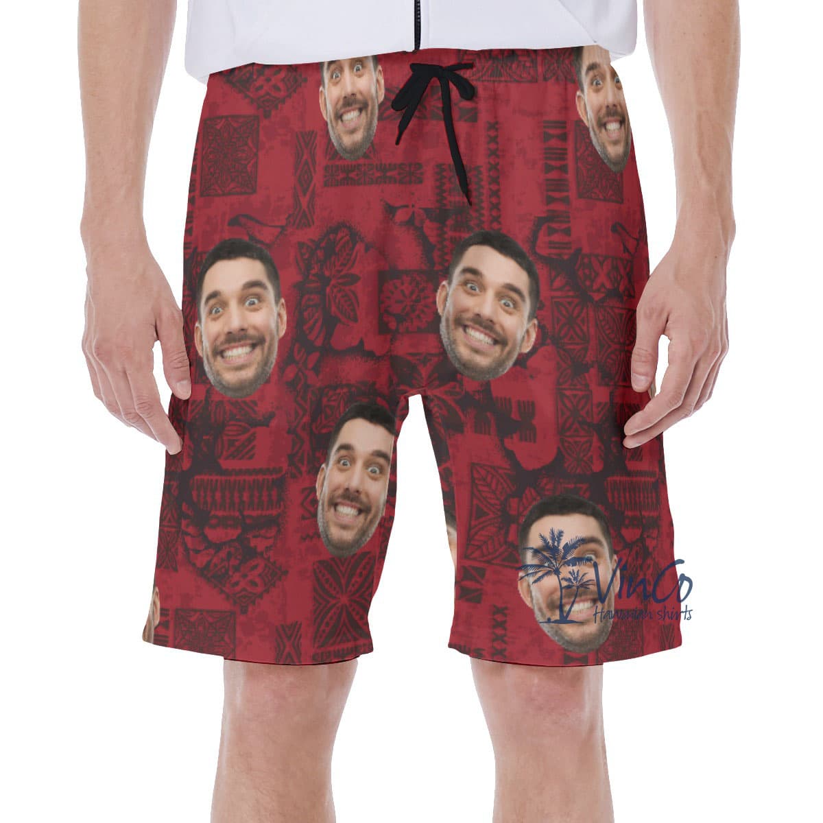 Vintage Red Custom Hawaiian Swim Trunks With Face (4)