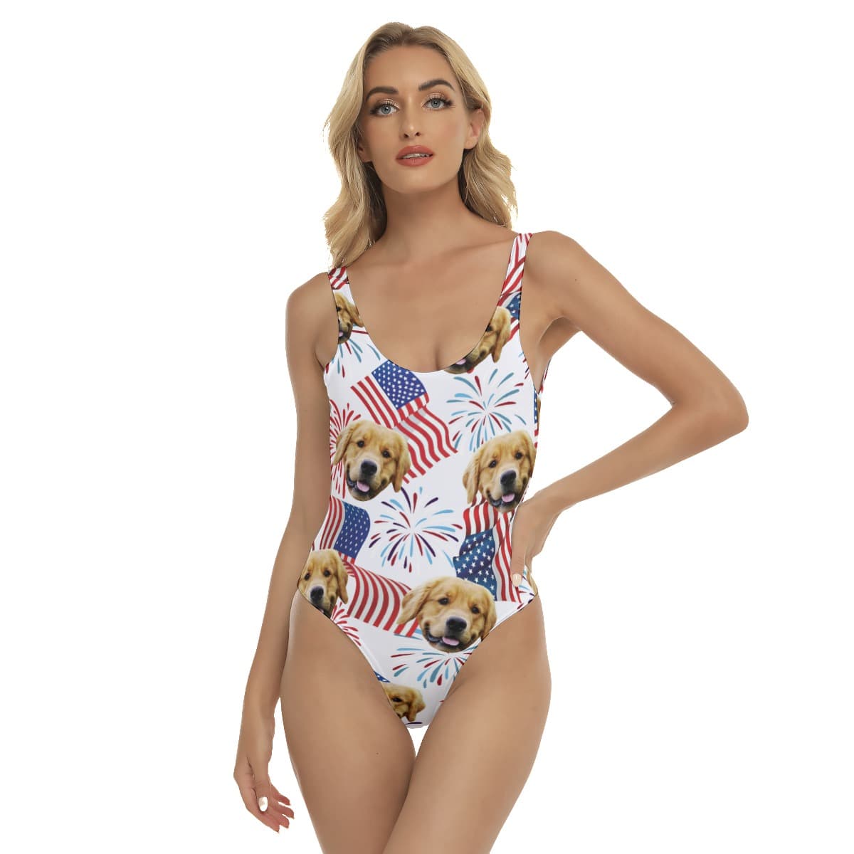 White Red And Blue Custom Face Women's Swimsuit For 4th Of July (1)