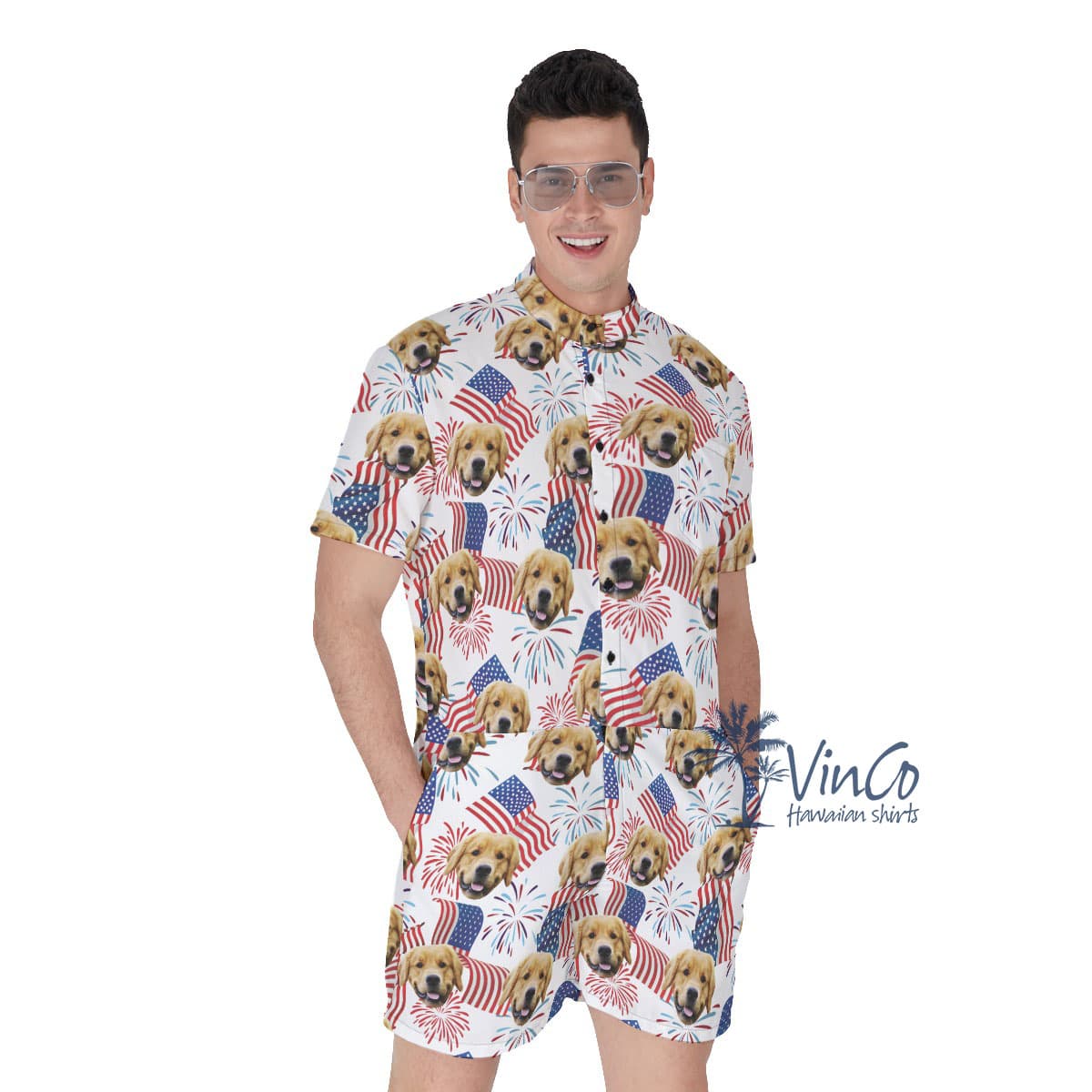 White Red And Blue Flag Men's Hawaiian Romper (1)