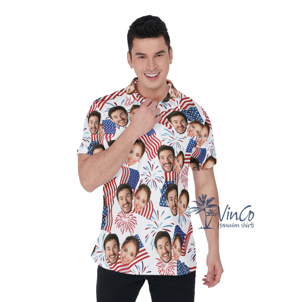 White Red And Blue Men's Hawaiian Polo Shirt With Custom Multiple Faces (2)