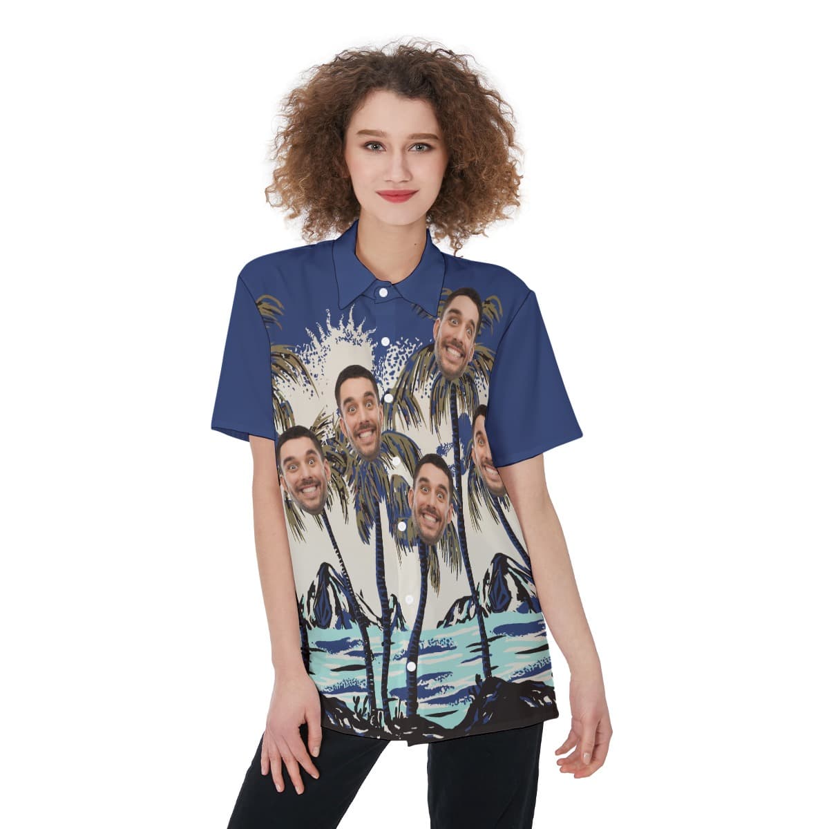 Women’s Custom Hawaiian Shirt With Face On Palm Trees (1)