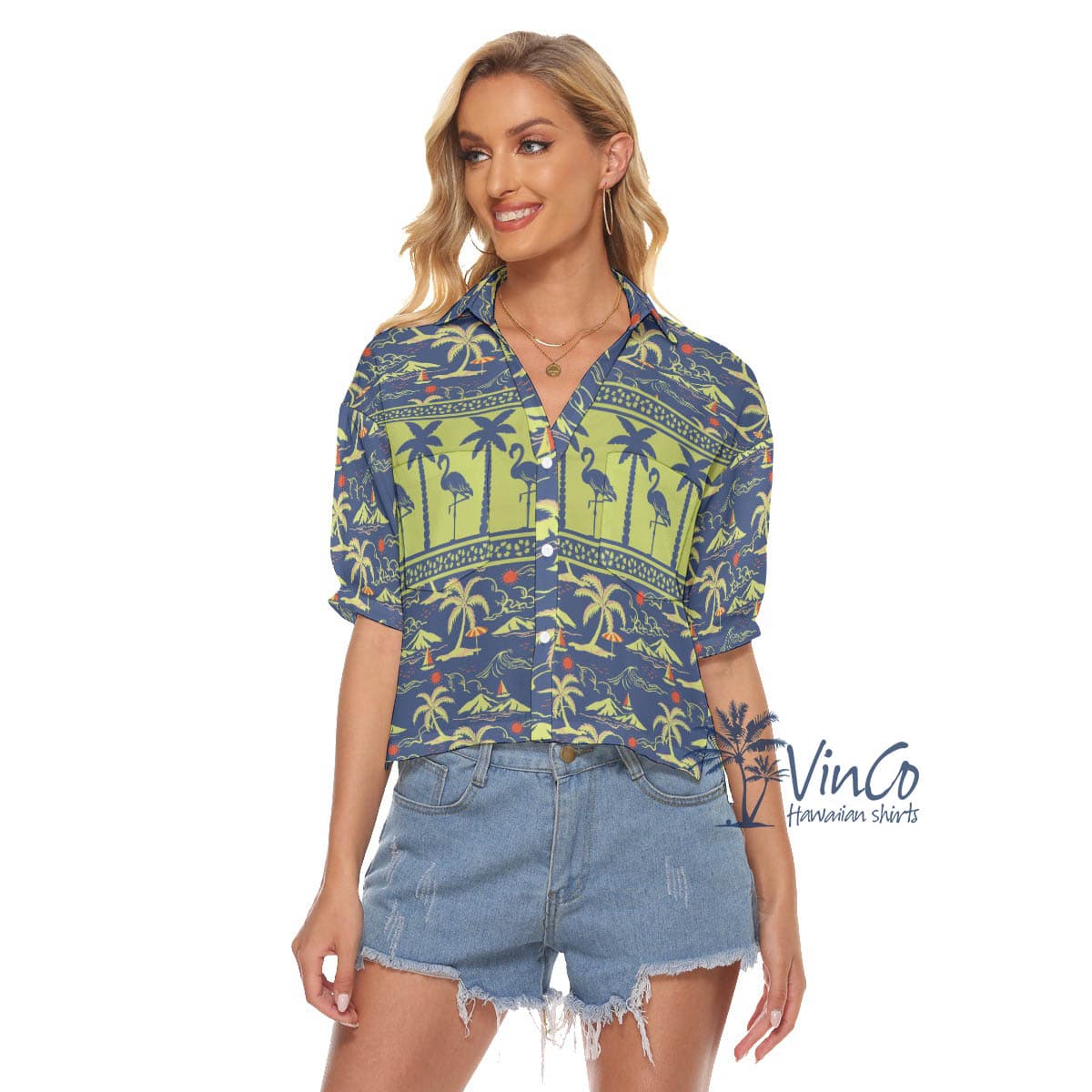 Women’s Flamingo Hawaiian Cropped Shirt For Summer (1)