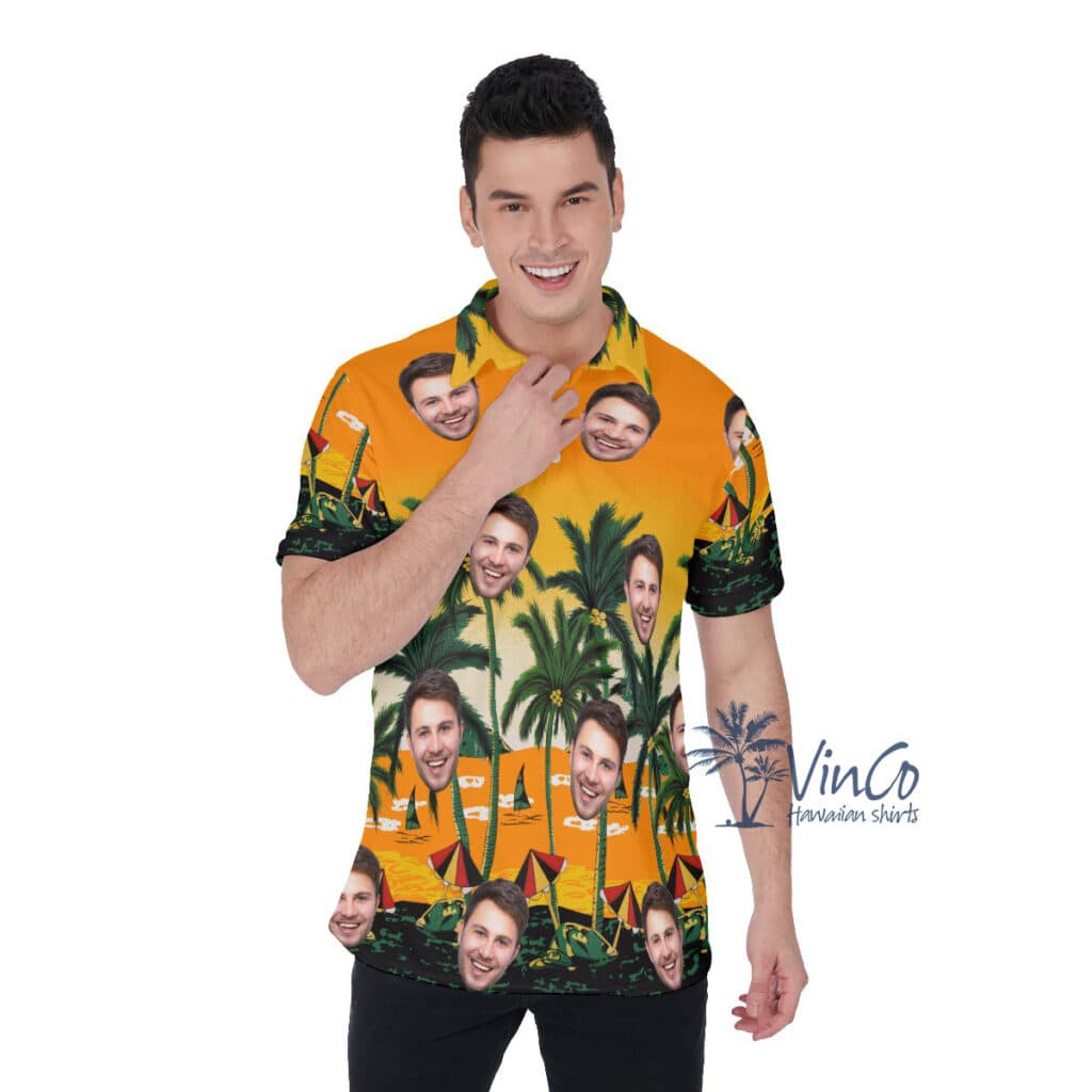 Yellow Custom Face Hawaiian Polo Shirt With Beach Palm Tree (1)