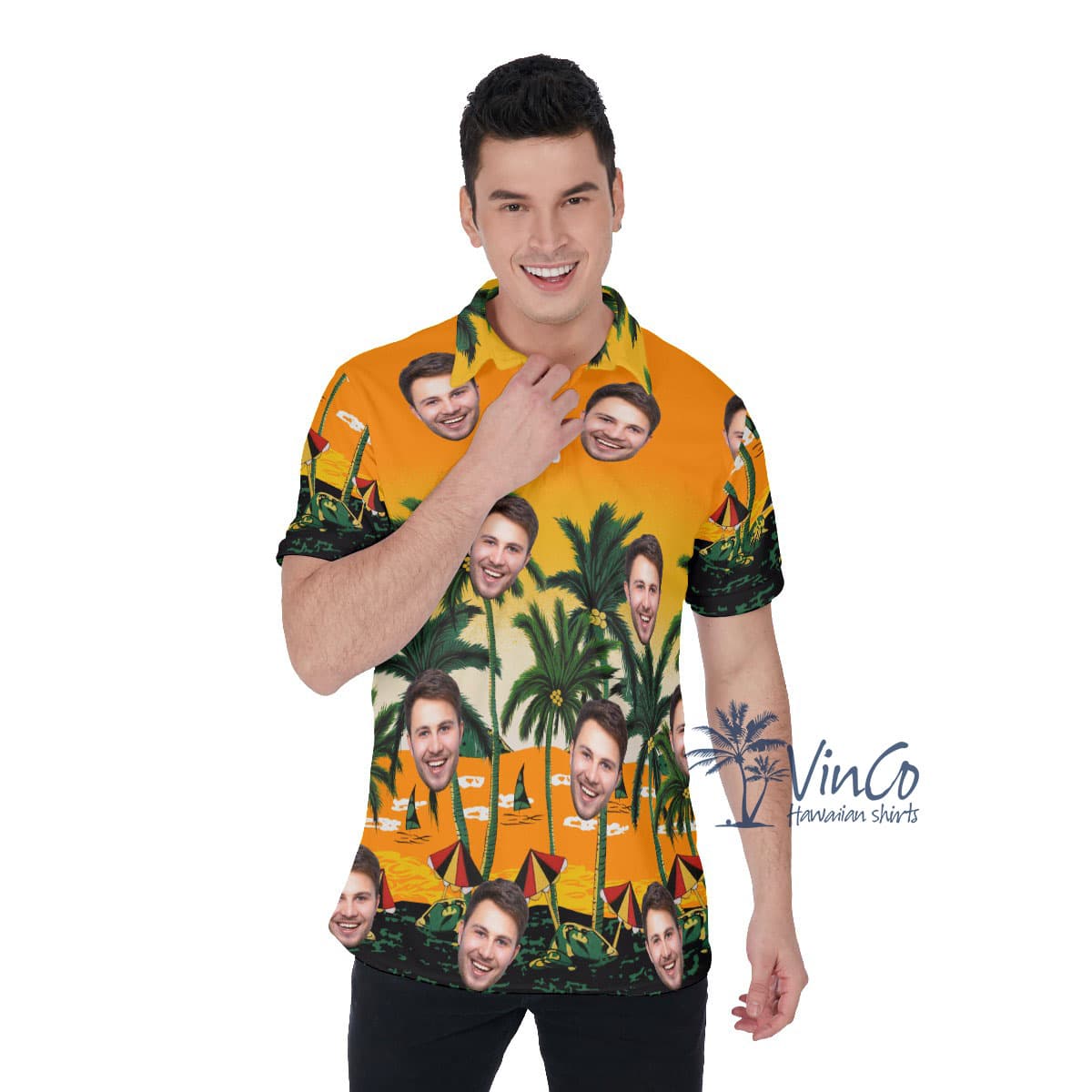 Yellow Custom Face Hawaiian Polo Shirt With Beach Palm Tree (1)