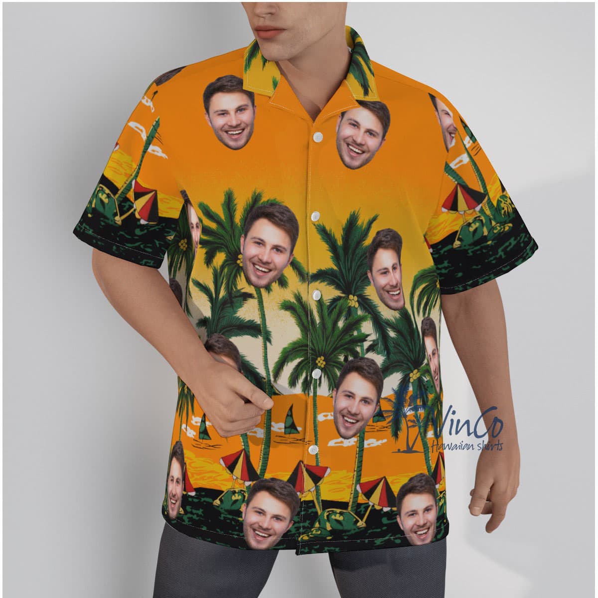 Yellow Custom Face Hawaiian Shirt With Beach Palm Tree (1)
