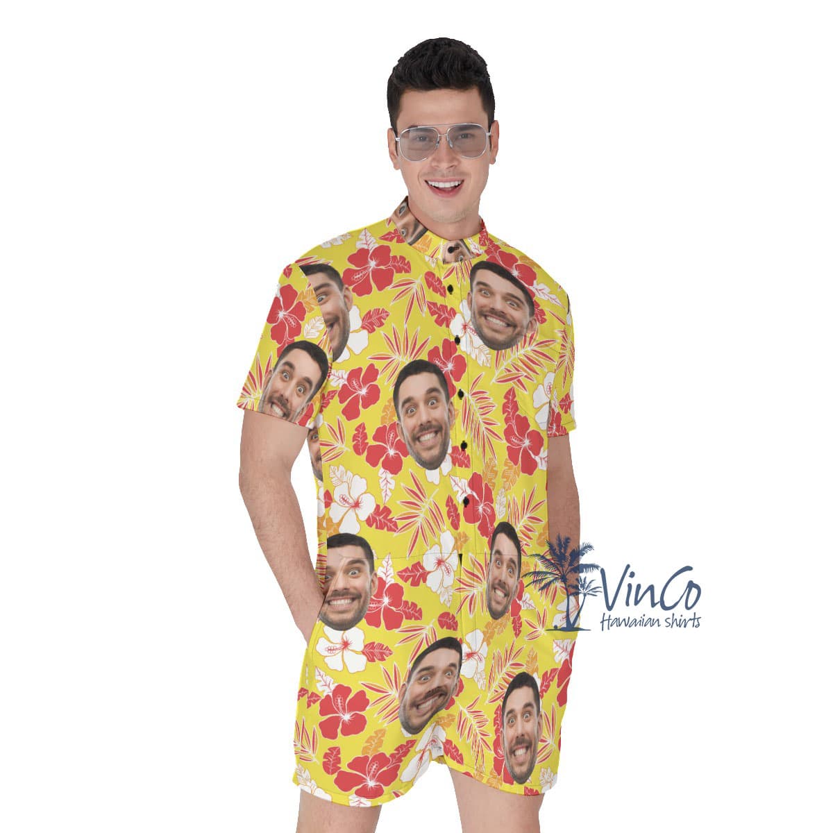 Yellow Hibiscus Custom Face Hawaiian Men's Romper With Preview (2)