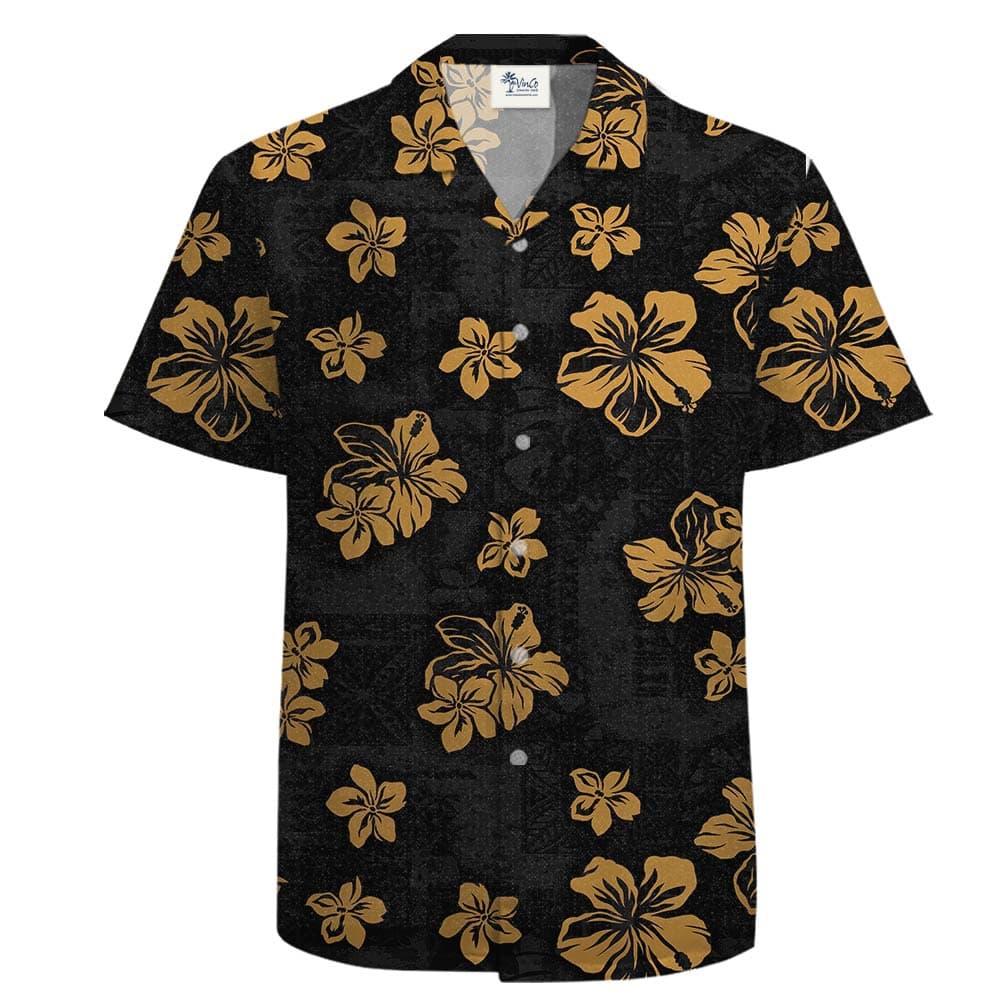 100% Cotton Classic Black Hawaiian Shirt Hibiscus Flowers