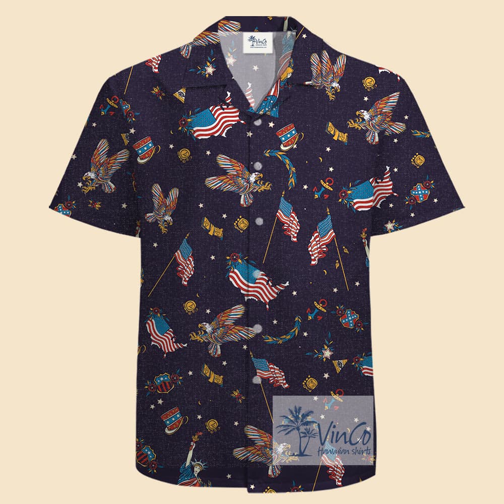 American Eagle And Statue of Liberty Cotton Hawaiian Shirt For Men (1)