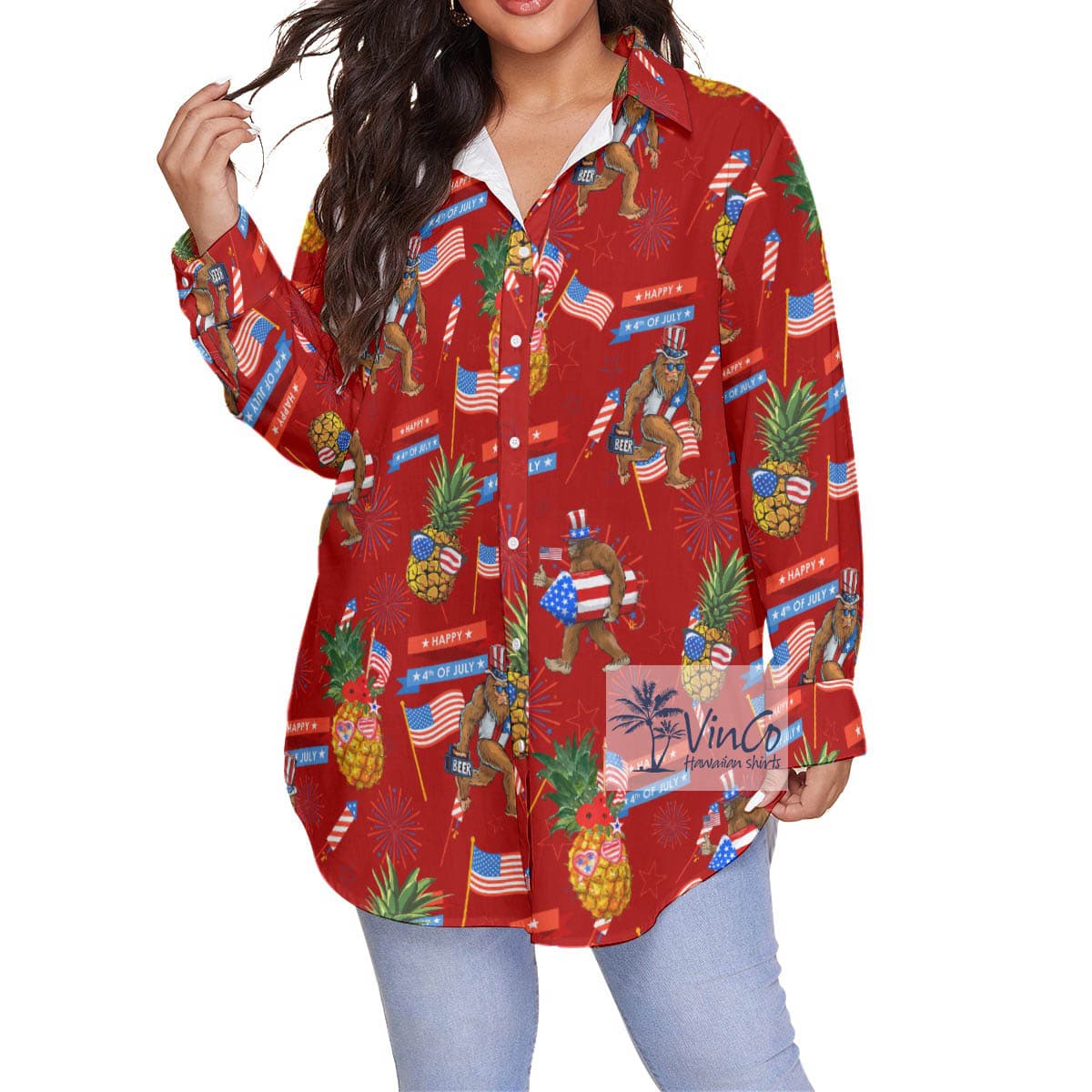 American Flag Pineapple Sasquatch Plus Size Red Hawaiian Shirt