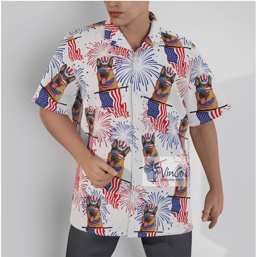 American German Shepherd Patriotic Hawaiian Button Up Shirt For Men (2)