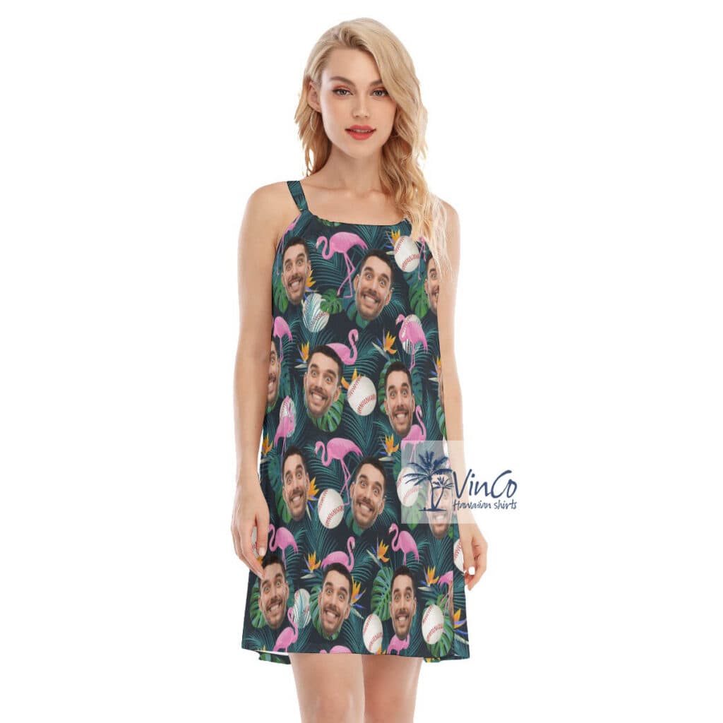 Baseball Lovers Custom Face Flamingo Hawaiian Dress For Women