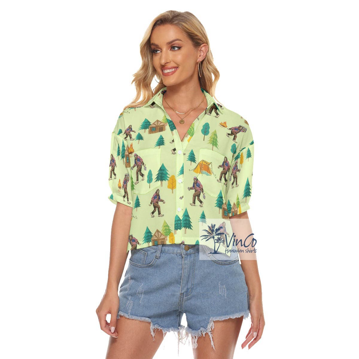 Bigfoot Jungle Crop Top Hawaiian Shirt For Women (2)