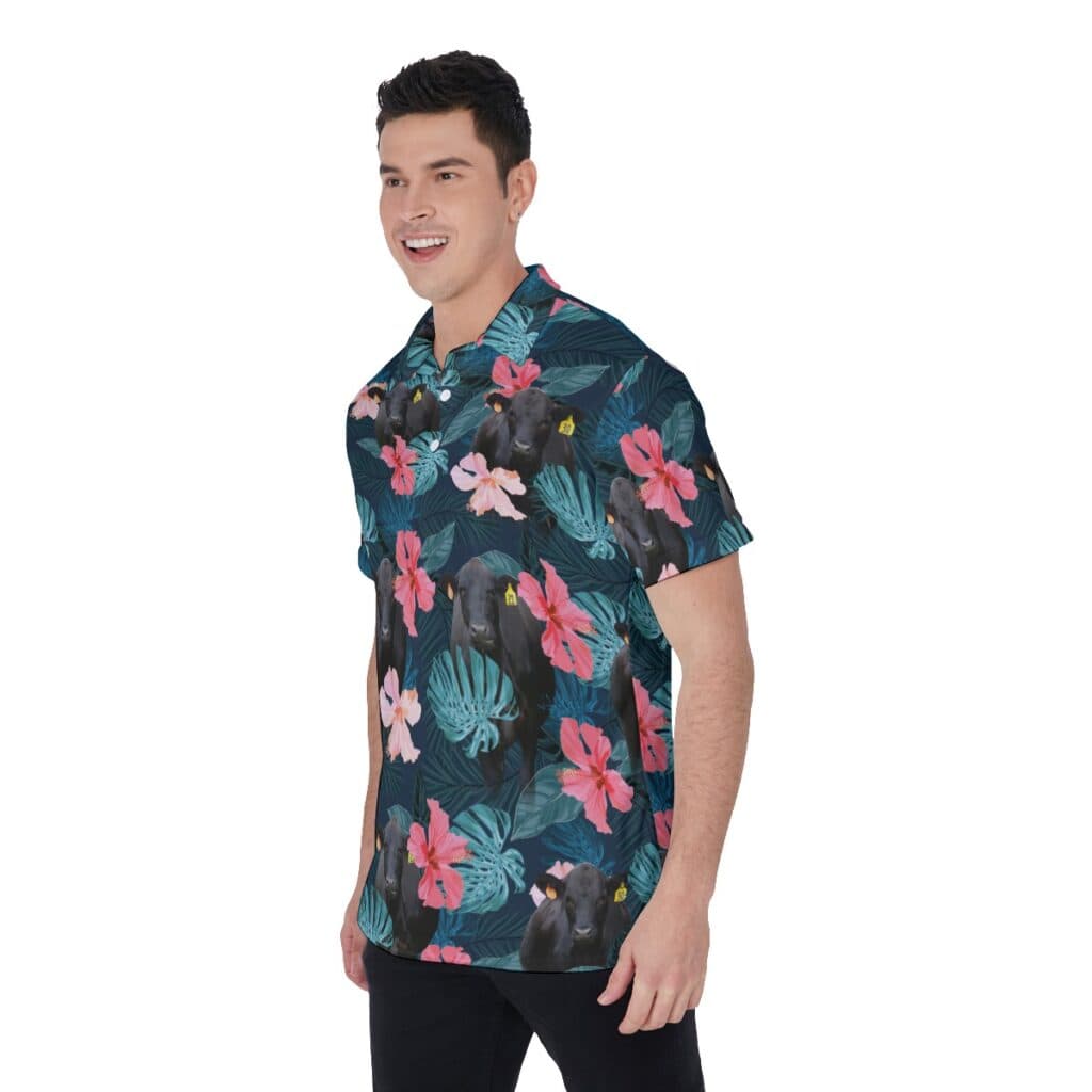 Black Angus Cow Floral Hawaiian Polo Shirt For Men