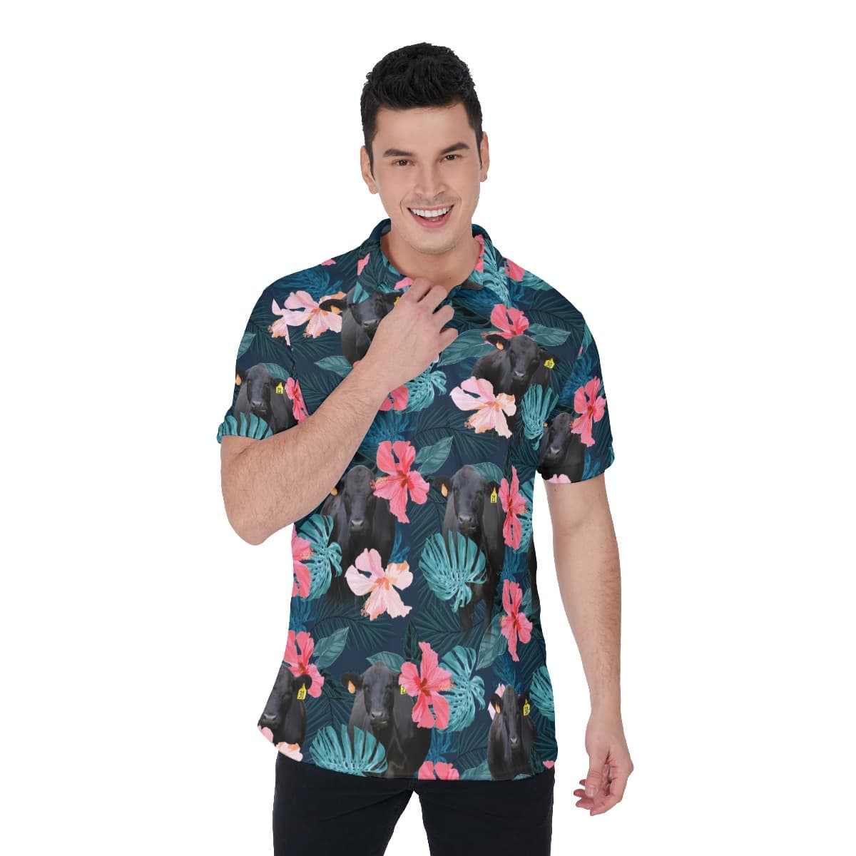 Black Angus Cow Floral Hawaiian Polo Shirt For Men