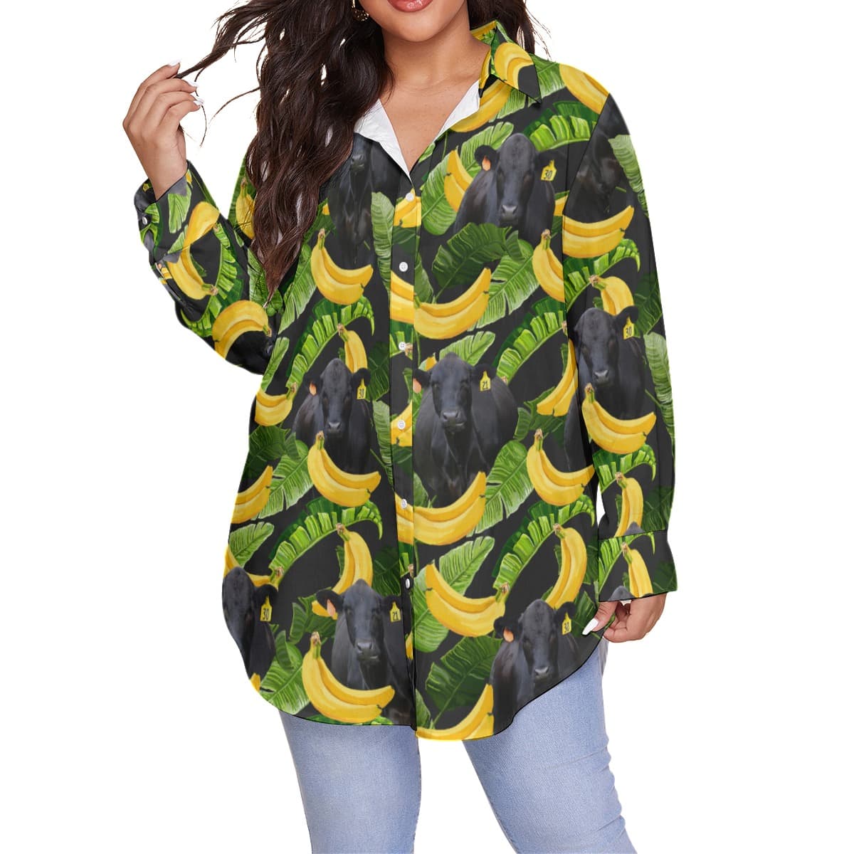 Black Angus Cow Tropical Banana Hawaiian Plus Size Shirt For Women