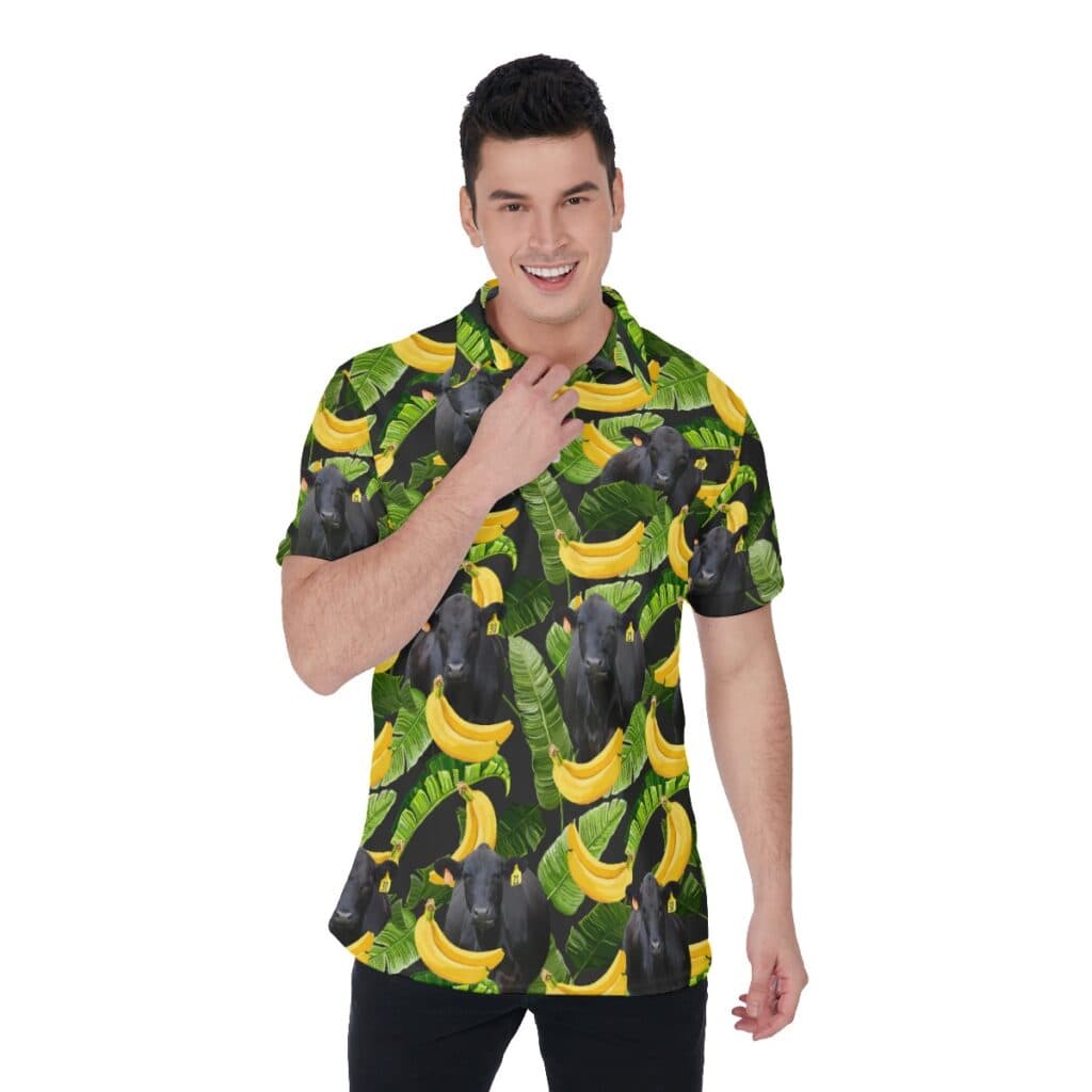 Black Angus Cow Tropical Banana Hawaiian Polo Shirt
