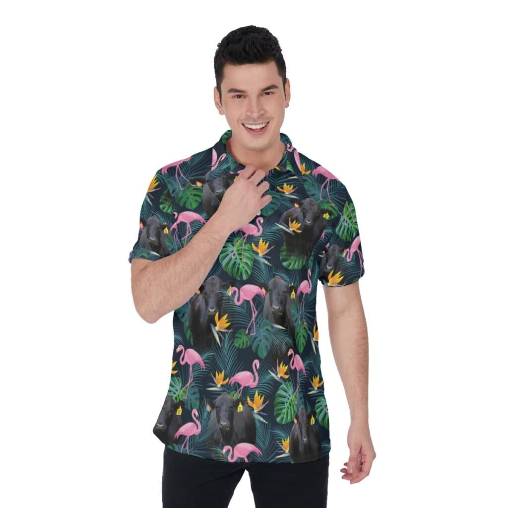 Black Angus Cow Tropical Flamingo Hawaiian Polo Shirt