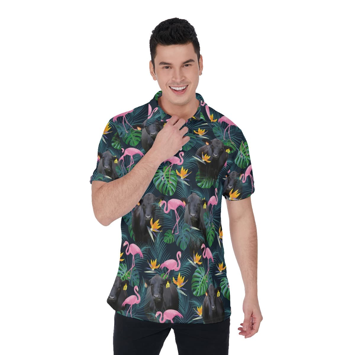 Black Angus Cow Tropical Flamingo Hawaiian Polo Shirt