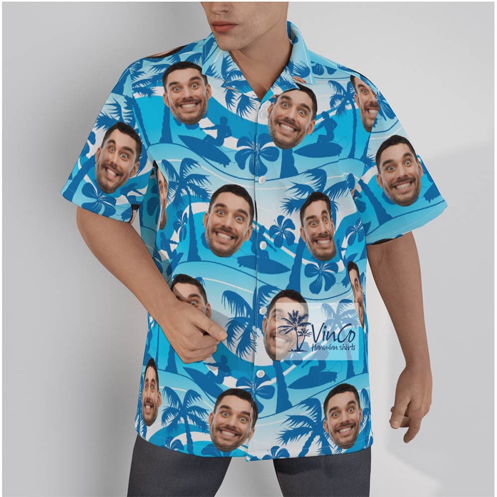 Blue Beach Surfing Custom Hawaiian Shirt With Faces For Men (2)