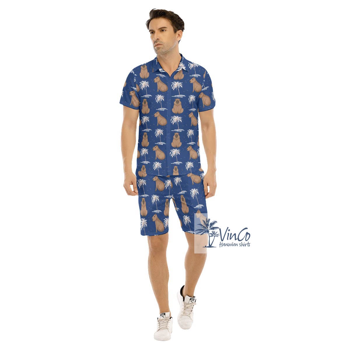 Blue Capybara Print Button Up Shirt And Shorts Set For Men (2)