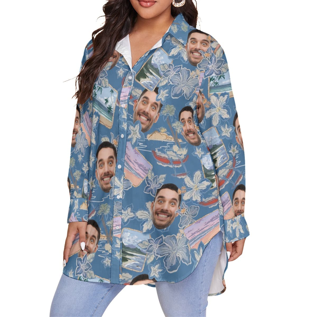 Blue Custom Your Face Women’s Plus Size Hawaiian Shirt (2)