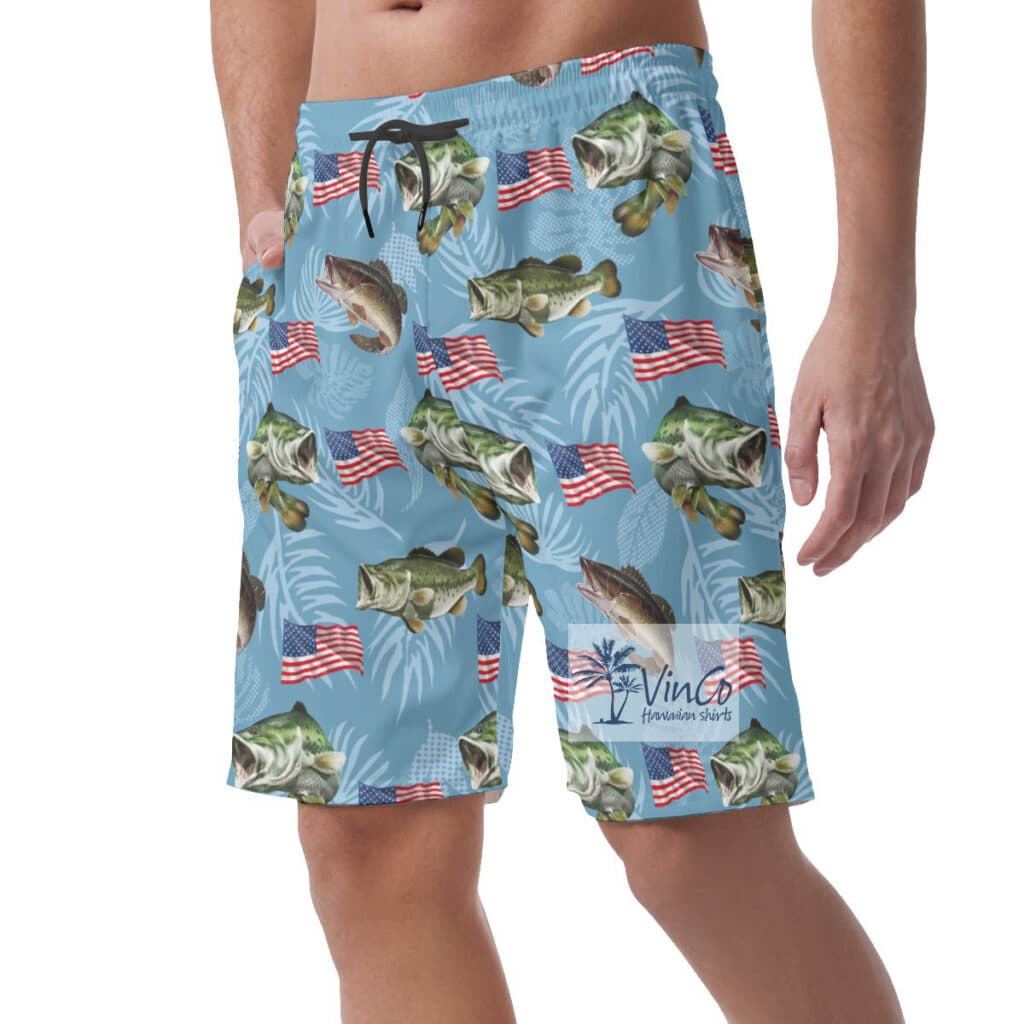 Blue Fish And American Flag Hawaiian Beach Shorts For Men