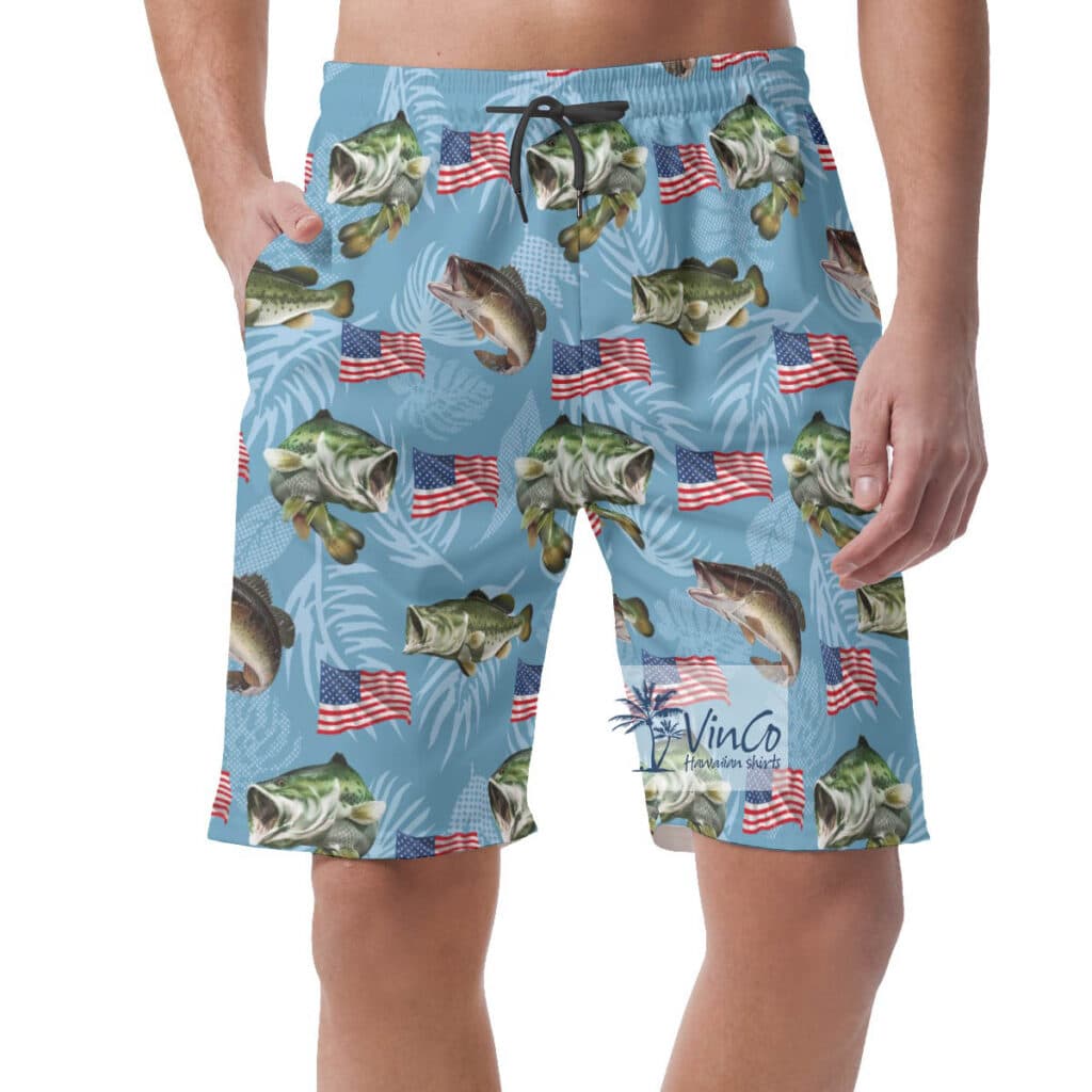 Blue Fish And American Flag Hawaiian Beach Shorts For Men