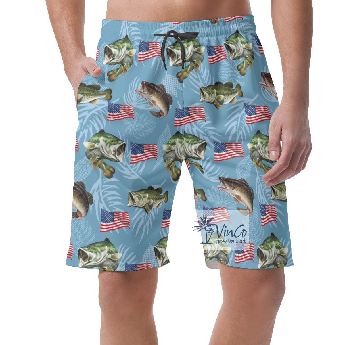 Blue Fish And American Flag Hawaiian Beach Shorts For Men