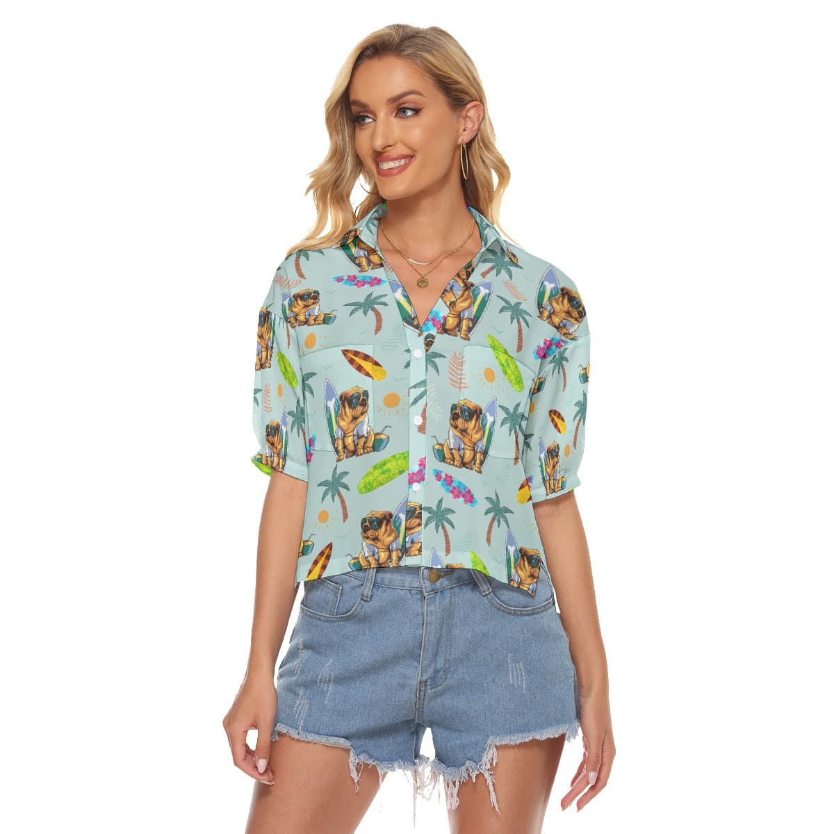 Bulldog Surf And Palm Hawaiian Cropped Shirt For Women (1)