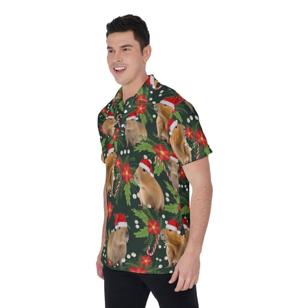 Christmas Capybara Floral Hawaiian Polo Shirt