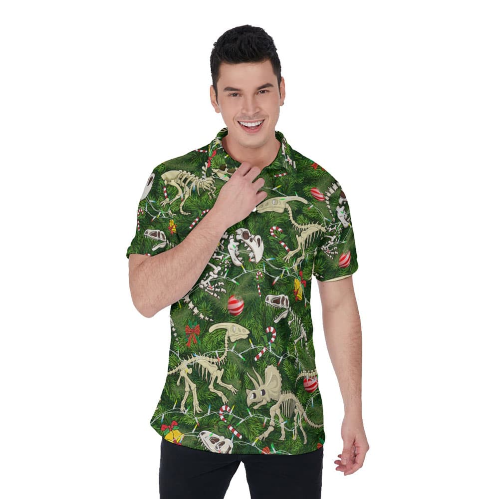 Christmas Dinosaur Skeleton Green Hawaiian Polo Shirt For Men