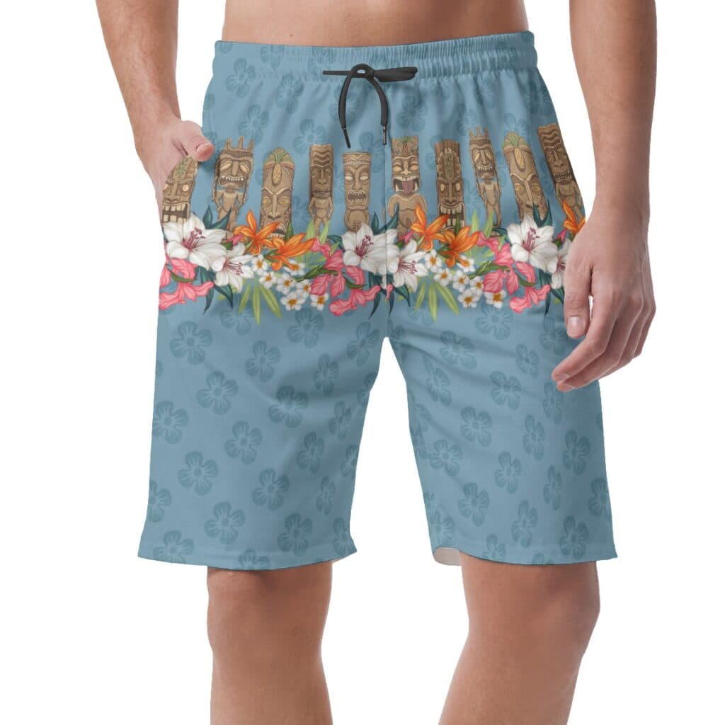 Classic Tiki Floral Blue Hawaiian Beach Shorts For Men