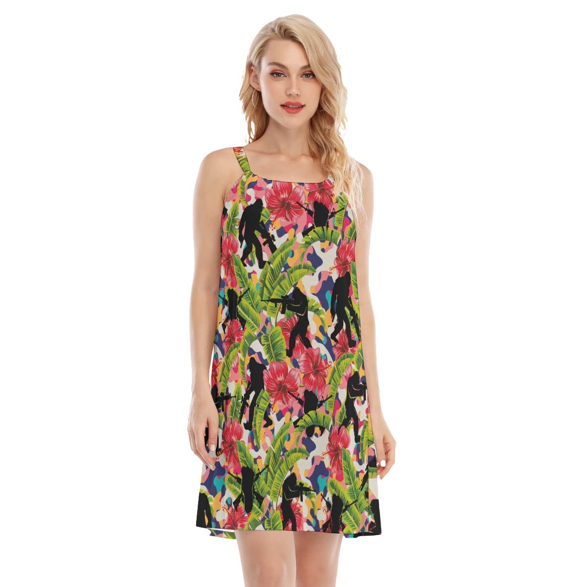 Colorful Hibiscus Bigfoot Tactical Hawaiian Cami Dress For Women (1)